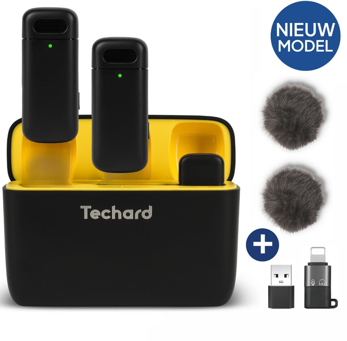 Techard Draadloze Microfoon 2 stuks met Oplaadcase Dasspeld Microfoon Lavalier Microfoon Draadloos Microfoons 2026 Model - Inclusief Windkapjes en Adapters — afbeelding 1