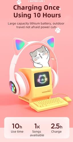 Kinder hoofdtelefoon - cat headphones| Draadloze koptelefoon Bluetooth met led kattenoortjes paars | Koptelefoon voor Kinderen - Met Led Kat Oortjes | met verlichting poot — thumbnail 3