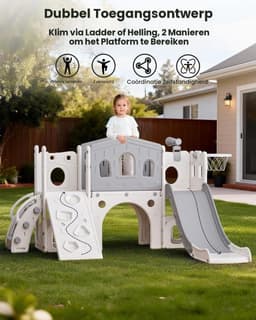 Kinderslide met Ladder, Platform, Kruiptunnel, Klimhelling, Basketbalring & Speelgoedtelescoop, Binnen en Buiten Speelset voor Peuters en Kleuters(Grijs) — thumbnail 3