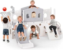 Kinderslide met Ladder, Platform, Kruiptunnel, Klimhelling, Basketbalring & Speelgoedtelescoop, Binnen en Buiten Speelset voor Peuters en Kleuters(Grijs) — thumbnail 1