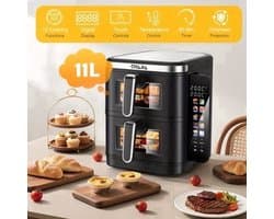 Airfryer – Heteluchtfriteuse – Dubbele Mand – Dubbele Lade – XXL Heteluchtoven – 11L Capaciteit – Verticaal Stapelbaar – PFAS-vrij – 2800W – 10 Kookprogramma’s – Sync & Match Functie