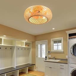 Bamboe Lampenkap Plafondventilator met Verlichting en Afstandsbediening - Stil Plafondlicht met 6 Snelheden en Omkeerbare Rotatie - Rieten Hanglamp voor Slaapkamer, Woonkamer en Keuken — thumbnail 3