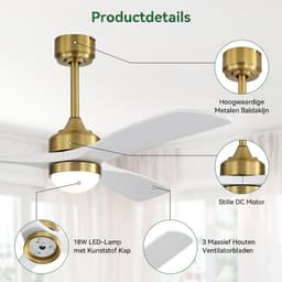 Plafondventilator Met Lamp - 3 Hout Bladen - Ø 52 inch - Dimbare lamp - Met Afstandsbediening - 3 kleurtemperaturen - Geluidsarme werking - LED's Light - Goud, wit — thumbnail 3