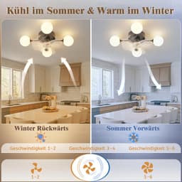 Plafondventilator met G9-licht, stille DC-motor, 6 snelheden, timer, afstandsbediening, 4 melkwitte lampenkappen, voor 15-25 m², zwart. — thumbnail 3