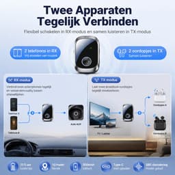 Bluetooth 5.4 AUX Adapter 2-in-1 Bluetooth Transmitter en Receiver Auto 3.5mm - Voor Auto, TV, PC, Koptelefoon - 2 Apparaten Verbinden - Vrije Muziek & Handsfree Gesprekken — thumbnail 2