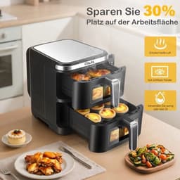 Airfryer – Heteluchtfriteuse – Dubbele Mand – Dubbele Lade – XXL Heteluchtoven – 11L Capaciteit – Verticaal Stapelbaar – PFAS-vrij – 2800W – 10 Kookprogramma’s – Sync & Match Functie — thumbnail 5