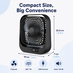 VHV - Bureauventilator - Oplaadbare mini ventilator met LED-display - 3 standen en 360° draaibaar - Zwart — thumbnail 2