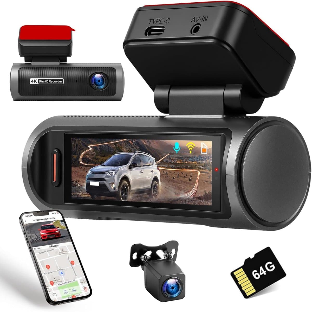 SnelShoppen - 4K Dashcam Auto Voor en Achter, Dubbele Kanaals Met 64 GB SD-kaart, 3,2 Inch IPS-Touchscreen, Groothoek, IR 8, G-sensor, Wifi, Lusopname — afbeelding 1