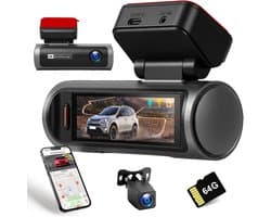 SnelShoppen - 4K Dashcam Auto Voor en Achter, Dubbele Kanaals Met 64 GB SD-kaart, 3,2 Inch IPS-Touchscreen, Groothoek, IR 8, G-sensor, Wifi, Lusopname