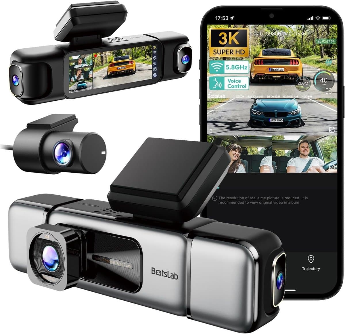 SnelShoppen - 4-kanaals Dashcam Auto Achter Binnen 3K + 3x 1080P, GPS, 5GHz WiFi, Super Nachtzicht, WDR, 3,18" IPS-scherm, G-sensor, Parkeerbewaking — afbeelding 1