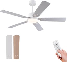 Plafondventilator 52 inch met Licht en Afstandsbediening - Dimbare LED-verlichting - 6 snelheden met omkeerbare motor - Geschikt voor slaapkamer - Vlak modern design - 5 bladen met tweekleurige afwerking (wit & natuurhout) — thumbnail 1