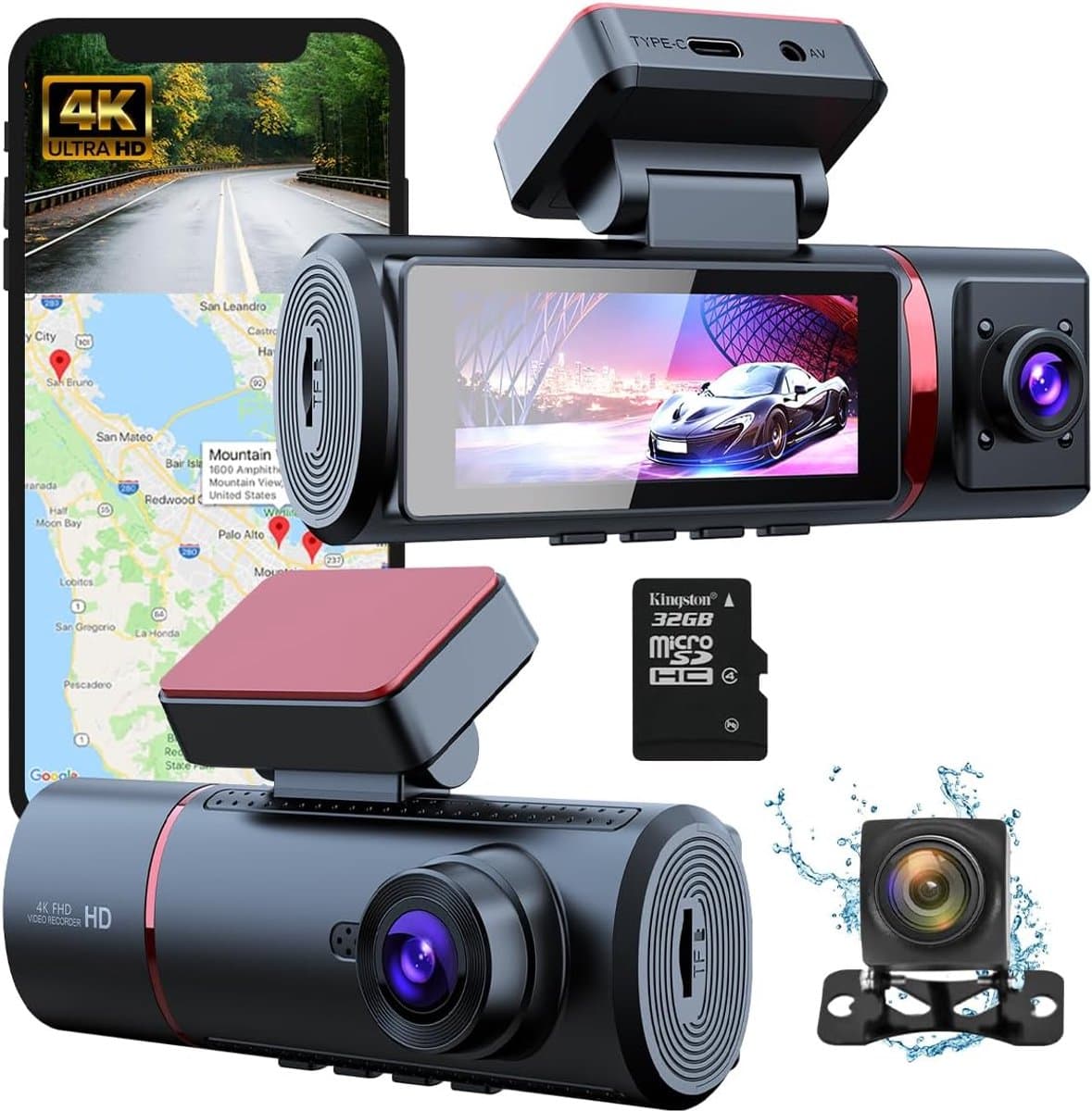 SnelShoppen - 4K Dashcam Auto - 3-in-1 Voor-en Achtercamera - WiFi & GPS - 3.5" Scherm - G-Sensor - Parkeerstand - Loopopname - 170° Breedhoeklens — afbeelding 1