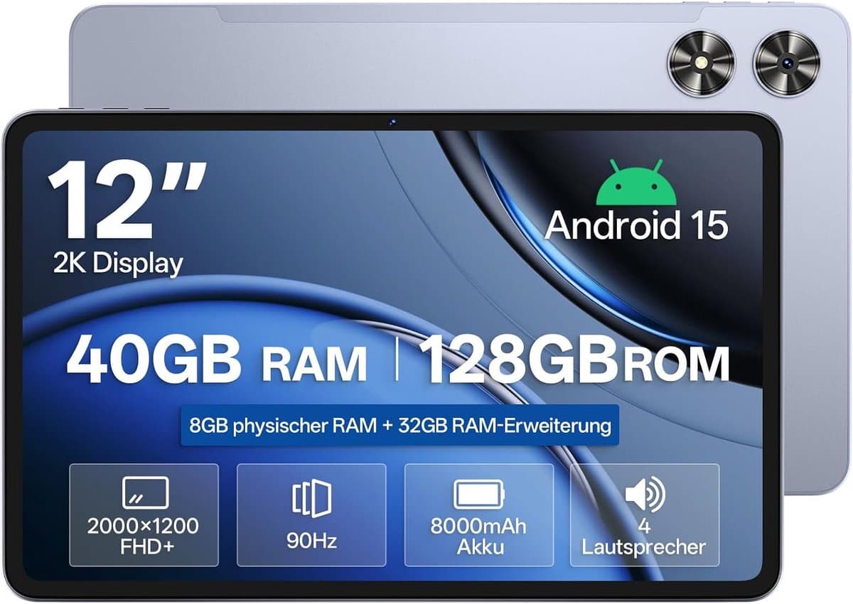 SnelShoppen - SVITOO Tablet 12 inch, Android 15, Gemini app compatibel, Unisoc T7280 Octa-Core 2,2GHz, 8GB RAM, 32GB opslag, 128GB ROM, 2K IPS 90Hz, 8 — afbeelding 1