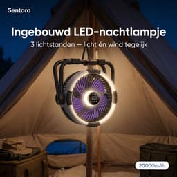 Sentara Campingventilator Oplaadbaar 20000mAh – Krachtige Draagbare Buitenventilator 10 m/s met LED-nachtlamp, Powerbank-functie, Timer & Opbergtas – Ophangbaar of Staand – 25 cm – Grijs — thumbnail 4