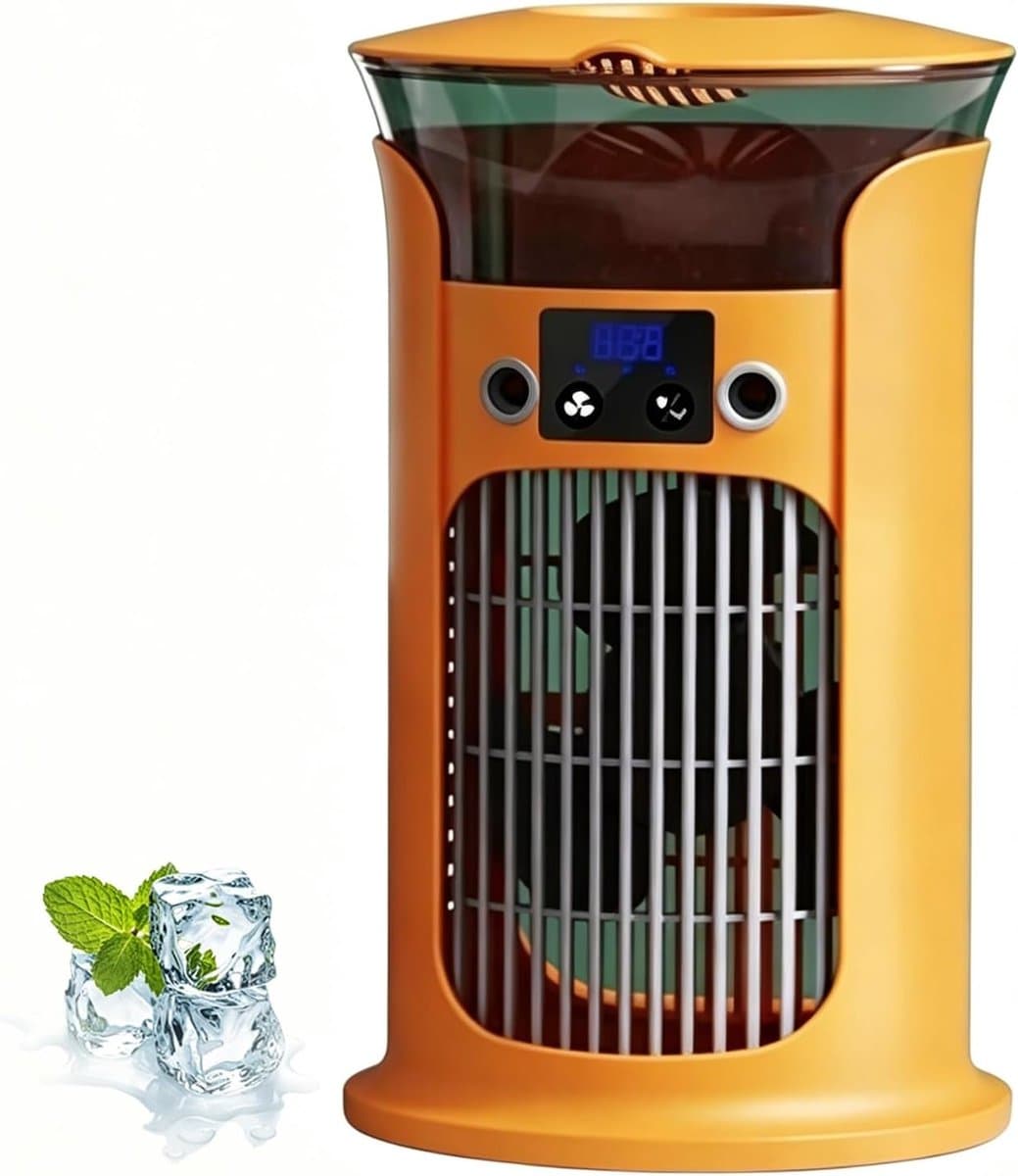 Luchtkoeler/ventilator, draagbare ventilator zonder bladen met waterreservoir van 880 ml, 3 snelheden, 180° groothoekluchtstroom en 7 LED-lampjes – stille bureauventilator (oranje) — afbeelding 1