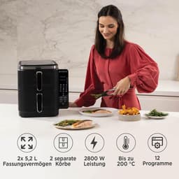 Heteluchtfriteuse Dubbele Kamer - Airfryer XXL Friteuse - Gezond Koken - Verticaal Ruimtebesparend Design - 104 Liter - Zwart — thumbnail 3
