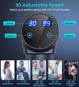 Massagepistool voor diepe weefselmassage - 30 snelheden, 8 massagekoppen, LCD-aanraakscherm — thumbnail 2