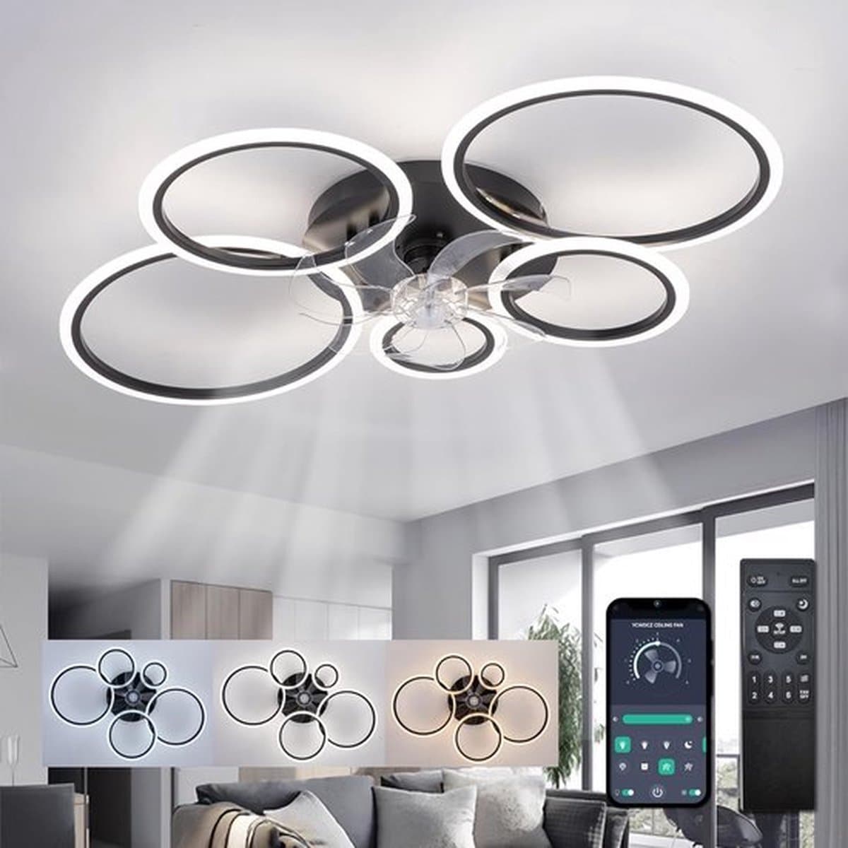 5 Ringen Plafondventilator - Zwart - 6 Snelheden - Dimbaar Met Afstandsbediening en APP - Moderne Cirkel Ventilator Licht — afbeelding 1