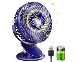 Desktopventilator, stille mini-USB-ventilator met lcd-display, 1800 mAh, kleine oplaadbare draagbare ventilator, 5 windsnelheden, 720° draaibaar, clipbevestiging, geschikt voor kantoor, thuis en kamperen.