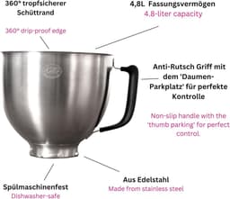 Kitty Professional Mixing bowl Super Bowl compatible with Food Processor 4.3 and 4.8 liters (Brushed steel) — thumbnail 4