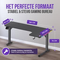 Avalo Gaming Bureau - 160x100x75 CM - L Vormig Hoekbureau - Game Desk Met LED Verlichting - Tafel - Zwart - Hoek Rechts — thumbnail 2