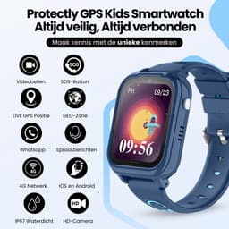Protectly® GPS Horloge Kind Met Simkaart - SOS-Knop - Smartwatch Kinderen - Smartwatch Kind - GPS Tracker Kind - 4G - Videobellen - HD Camera - Whatsapp en SMS - Elke polsmaat - Incl. Simkaart — thumbnail 2