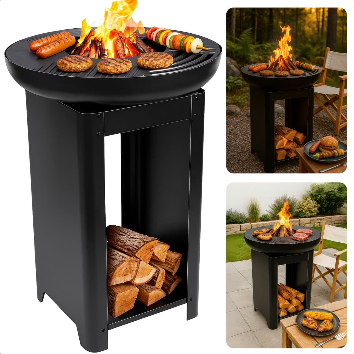 Cheqo® Vuurkorf met BBQ - Barbecue Roestvrij Staal - Grillring - Plancha Grill - Vuurschaal - Buitenkeuken met Houtopslag - 2-in-1 Grill en Terrashaard - Inclusief Teppanyaki Plaat — afbeelding 1