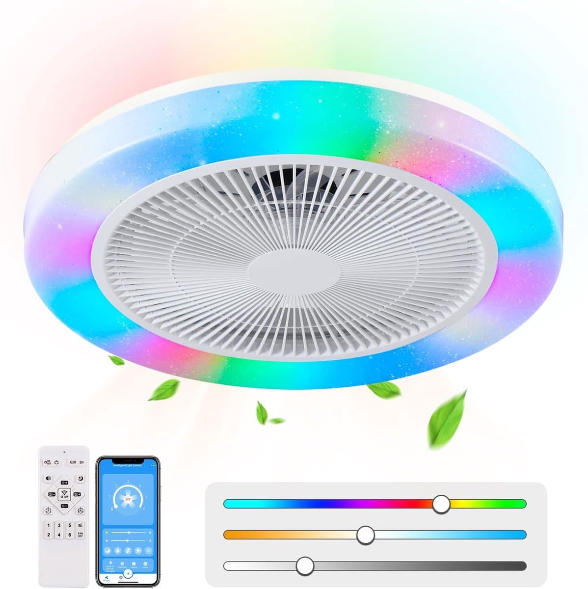 RGB Plafondventilator - 8 Kleuren - Dimbaar - Afstandsbediening & APP - Bluetooth - Smart Lamp - 50 cm - Wit - Woonkamer Lamp — afbeelding 1