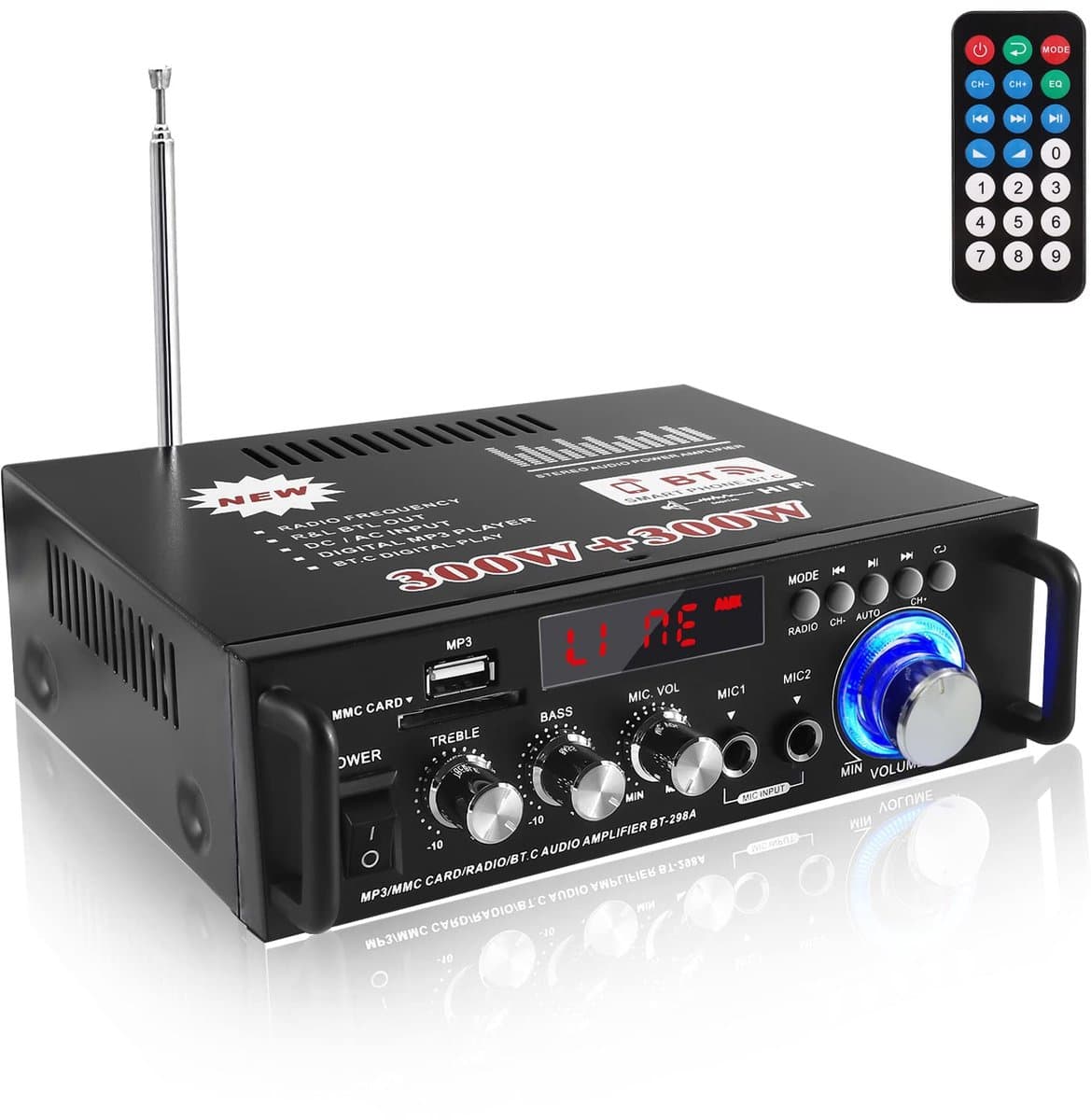Mini-versterker - HiFi-versterker - Bluetooth 5.0-stereo - 12V/240V - 600W - Dual Channel - LCD-scherm - Draagbare FM-radio met Hoge Resolutie - SD/USB-kaartingang - voor Gebruik Thuis of in de Auto — afbeelding 1