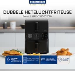 Heinner Dubbele Airfryer 10 L – Heteluchtfriteuse 2 Manden – 10 Programma’s – Smart & Dual Cooking – 2500 W – Digitale Bediening – Zwart — thumbnail 5