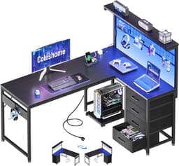 Gaming Hoekbureau L-vorm 130×100 cm – LED-verlichting, 2× Stopcontact & 2× USB, Omkeerbaar Ontwerp – Met 4 Laden, Bovenplank met Pegboard, CPU-houder & Hoofdtelefoonhaak – Koolstofvezel Look, Zwart — thumbnail 1