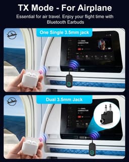 Bluetooth 5.3 zender ontvanger, vliegtuig bluetooth adapter 2 oortelefoons, draadloze audio-adapter auto, handsfree telefoon, max. 16H, 3,5 mm aux-aansluiting op de reisvlucht, tv, autoradio, fitnessruimte — thumbnail 2