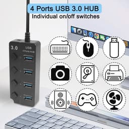 USB 3.0 4-poorts Expander Hub met LED-schakelaars - Draagbare USB-poortextender voor PC en Apparaten — thumbnail 2