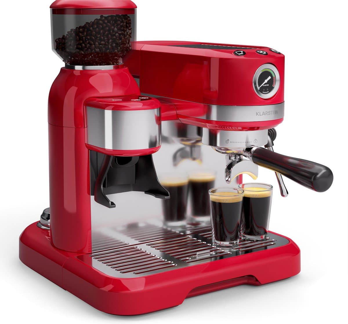 Klarstein Koffiemachine Bella Café espressomachine met ingebouwde molen – 19 bar, 1550 W, 1,4 liter waterreservoir, geïntegreerde conische maalschijf, melkschuimer, 2 kopjeshouders, kunststof, rood - voor Keuken - LED - Coffee Machine — afbeelding 1