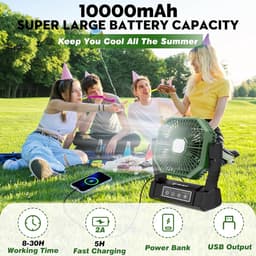 Campingventilator met LED Verlichting – Oplaadbare Tafelventilator – 10000mAh Accu – Afstandsbediening & 4 Snelheden — thumbnail 3