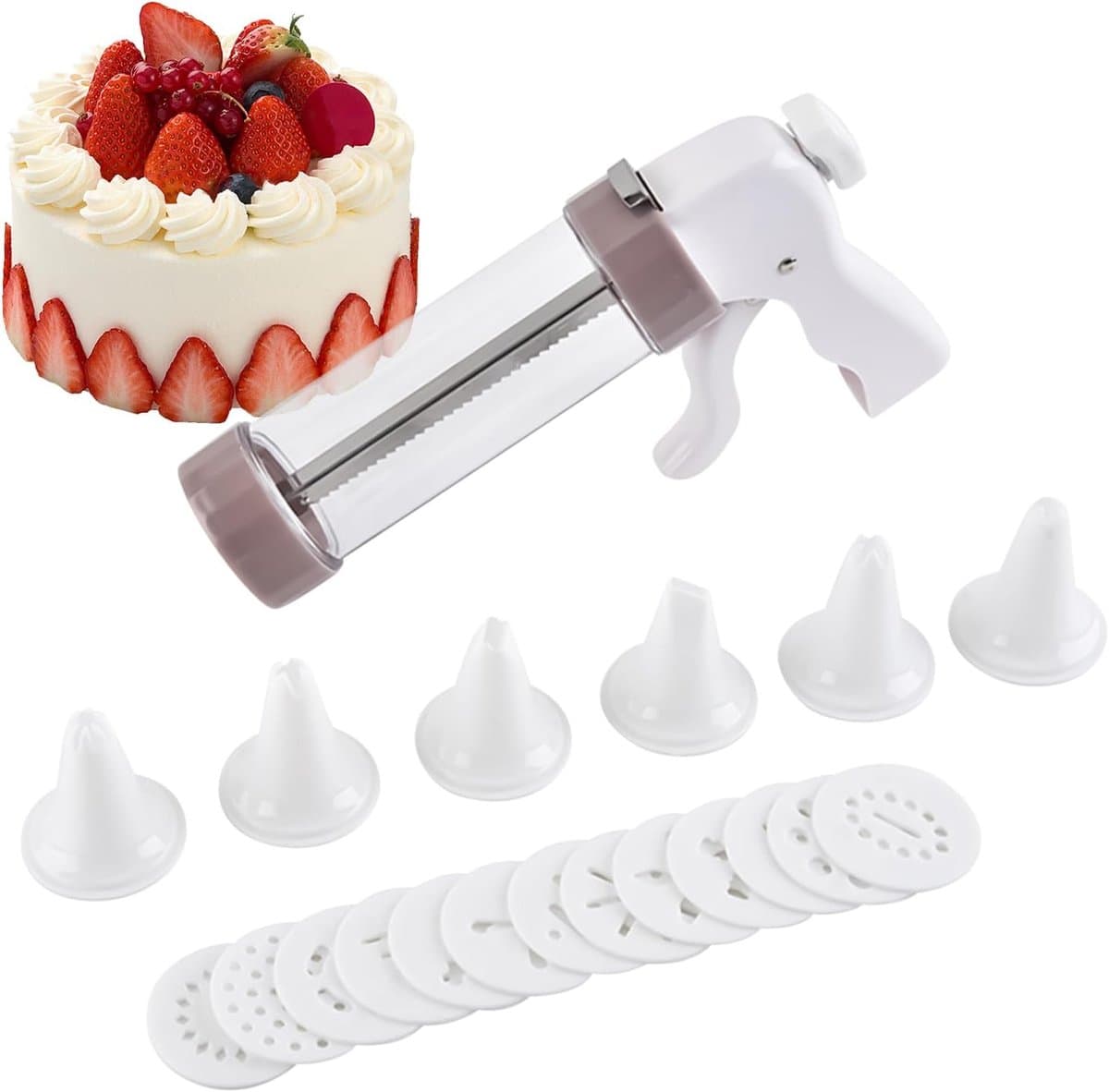 Koekjespers - Bakmachine Dessertgereedschap - Taart Decoreren - 13 Schijven 6 Tips - 22 x 14.5 cm - Wit — afbeelding 1