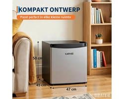 Stille minikoelkast van 45 l met roestvrijstalen voorkant – 5 temperatuurstanden (0–18 °C) – groentelade – ingebouwd vriesvak – ledverlichting – verstelbare voetjes – compact – energiezuinig [Energieklasse A]