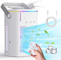Verdampingskoele-aircooler-aircooler met water-Draagbare airconditioner - Draagbare koeler met afstandsbediening - Timerfunctie - Gekleurd nachtlampje - Drie-laags miststand - Geschikt voor slaapkamers, kantoren en kamperen - Wit - 18x13x25 cm — thumbnail 1