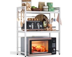 SnelShoppen - Uitbreidbaar Magnetron Rek, 3 Niveaus, Magnetron Stand voor Werkblad, Keuken Organizer, Magnetron Rek met 8 Haakjes, Wit