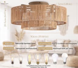 Plafondventilator met Verlichting en Afstandsbediening - Rotan Plafondlamp - Boho Retro Stijl - E27 - 6 Snelheden & Timer — thumbnail 3