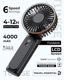 Draagbare handventilator, mini 180° opvouwbare ventilator, 6 snelheden, lcd-display, ultrastil, 4000 mAh, zakformaat, binnen/buiten te gebruiken, met draagkoord — thumbnail 3