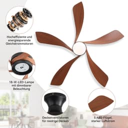 Plafondventilator Met Lamp - 5 ABS Bladen - Ø 132 cm - Dimbare lamp - Met Afstandsbediening - 6 ventilatorstanden - LED's Light - Zwart, walnootkleurig — thumbnail 2