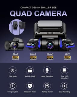 SnelShoppen - 4-Kanaals Dashcam Auto 5G WiFi met 360° Draaibare Camera's, Radar Bewegingsdetectie, GPS, Nachtzicht, Parkeercontrole, 1080P, 3" Scherm, — thumbnail 5