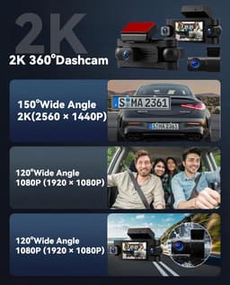 SnelShoppen - SIXWIN 2K Dashcam Auto met 3 Inch Display, 360° Rondom Zicht, 3 x 1080p Camera's, Wifi, Nachtzicht, G-sensor, App-bediening, 24/7 Parkee — thumbnail 2