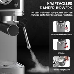 Espresso Machine - Koffiezetapparaat Cappuccino - Thuis Barista Kwaliteit - 20 Bar Italiaanse Pomp - 13 Liter - Zilver Zwart — thumbnail 3