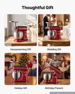 VEVOR Multifunctionele Keukenmachine met Kantelbare Kop 7 liter 2-in-1 1000 W Rood, Mixer voor Deeg, Room, Beslag en Vlees, Kneedmachine met Mengkom, Deeghaak, Klopper en Garde — thumbnail 4