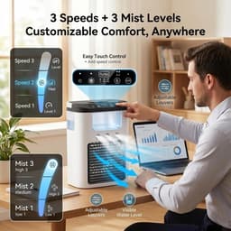 Draagbare airconditioner met ventilator - 3 snelheden en 3 nevelstanden, persoonlijke luchtkoeler, 600 ml reservoir, tafelventilator met RGB-verlichting, oplaadbare mini-airco - zwart — thumbnail 4