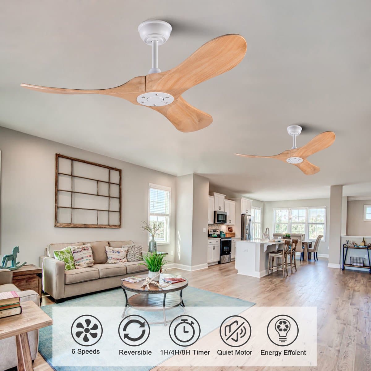 HAUSS SPOLE Plafondventilator - 107 cm - Stil Met Afstandsbediening - Metaal En Hout - Wit En Naturel - Zonder Verlichting Voor Woonkamer En Terras — afbeelding 1