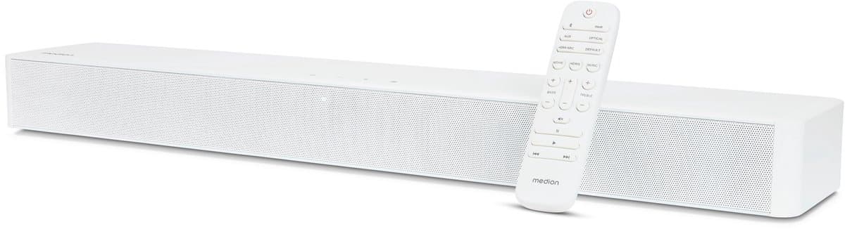MEDION P61155 2.0 soundbar met Bluetooth (incl. afstandsbediening, touchbediening, HDMI (ARC), AUX, optische ingang, 2 x 30 W RMS) wit — afbeelding 1
