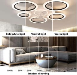 Plafondventilator - Met Verlichting - Ringen - Moderne Plafondventilator Verlichting - Plafond Ventilator Lamp - 5 Cirkels - Met Afstandsbediening - Dimbaar - Zwart - Wit — thumbnail 2